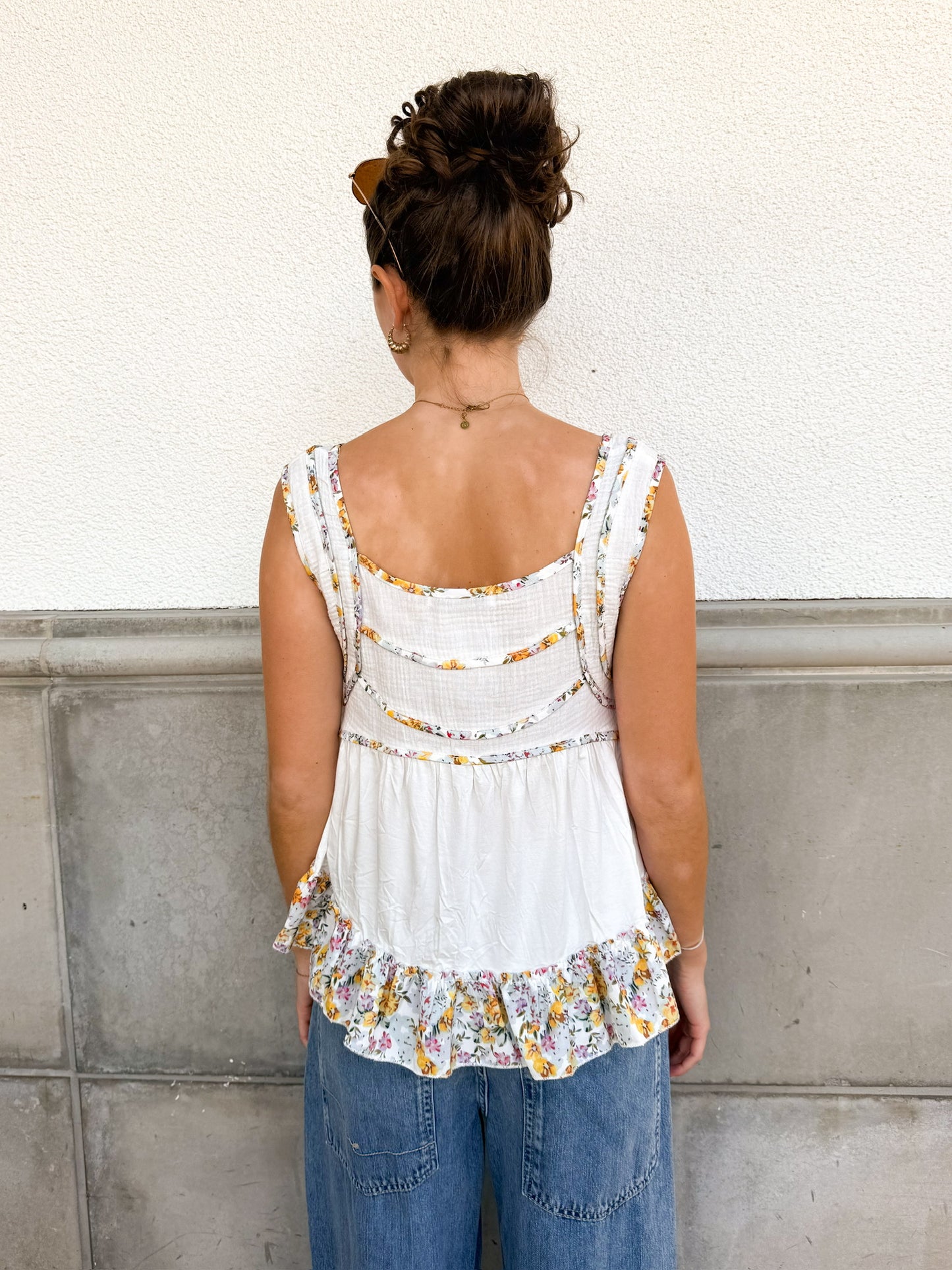 Floral Trim Tank-White