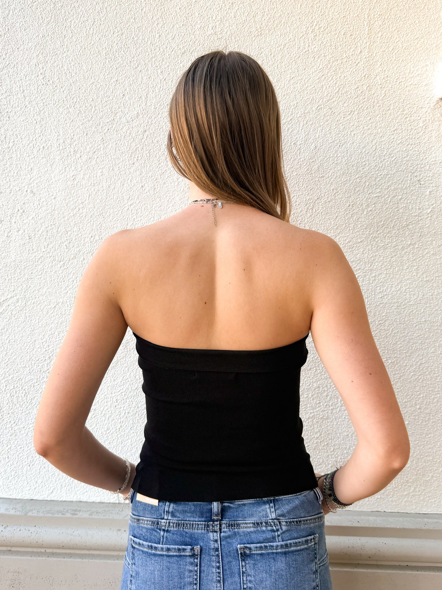 Strapless Ruched Side Top-Black