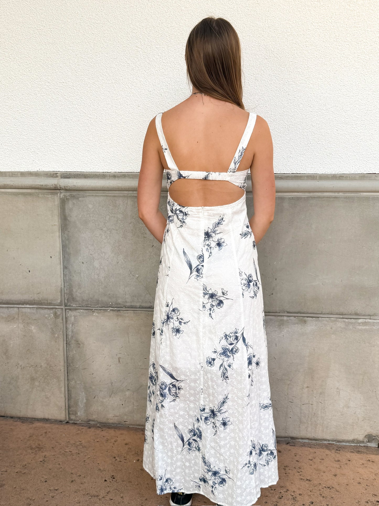 Blue & White Floral Print Eyelet Maxi Dress