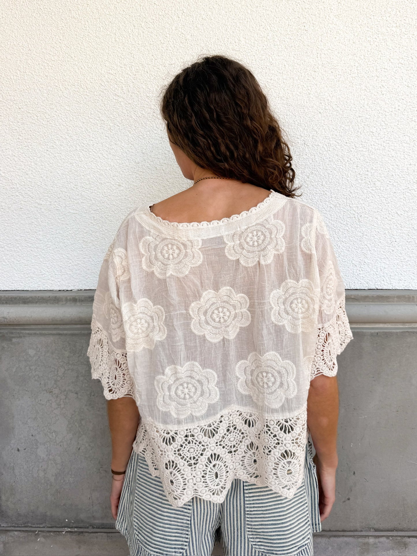 Crochet Button Front Short Sleeve - Natural