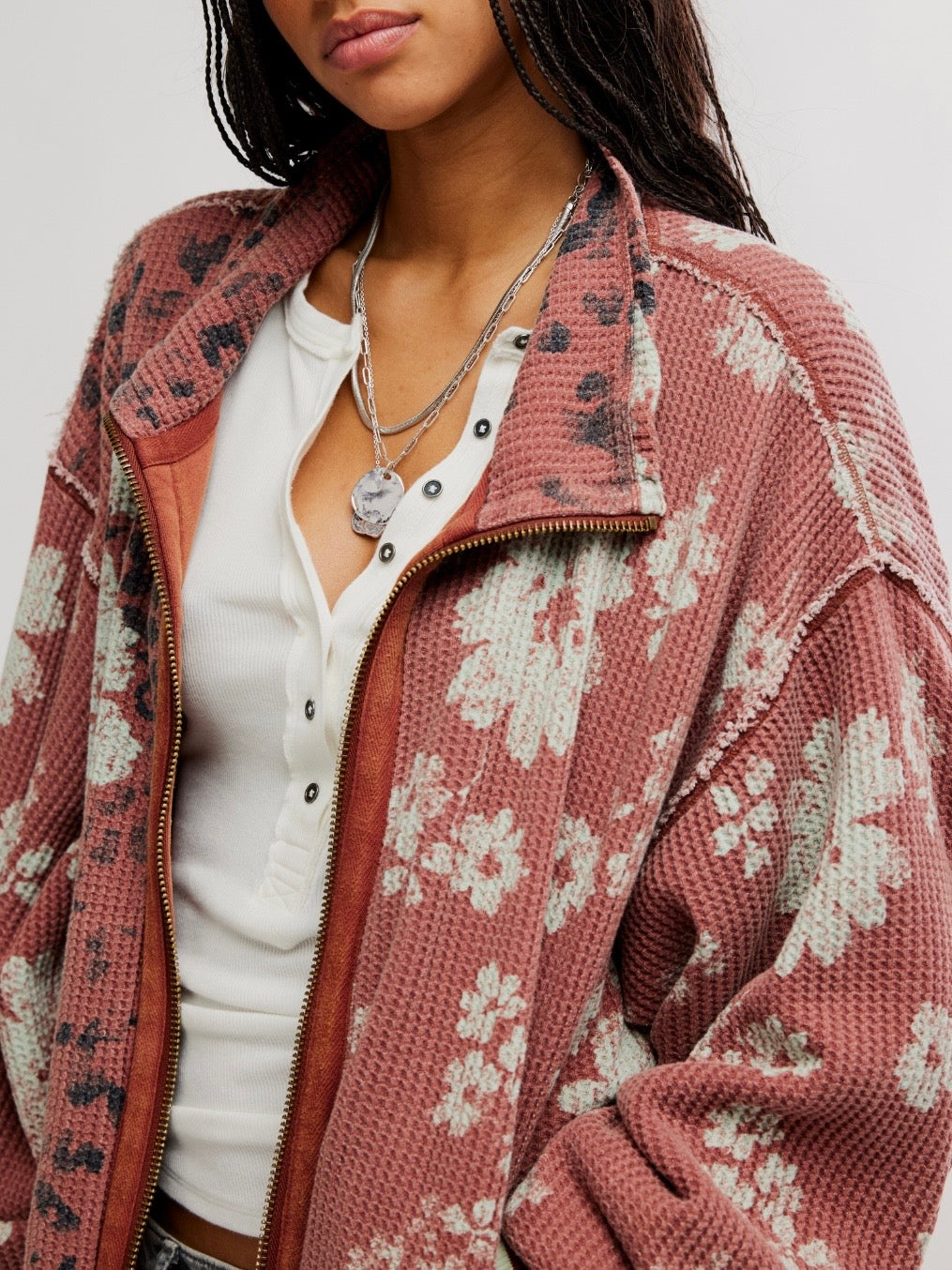 Free People Print Mix Cardi - Whisper Pink Combo, print and zipper detail