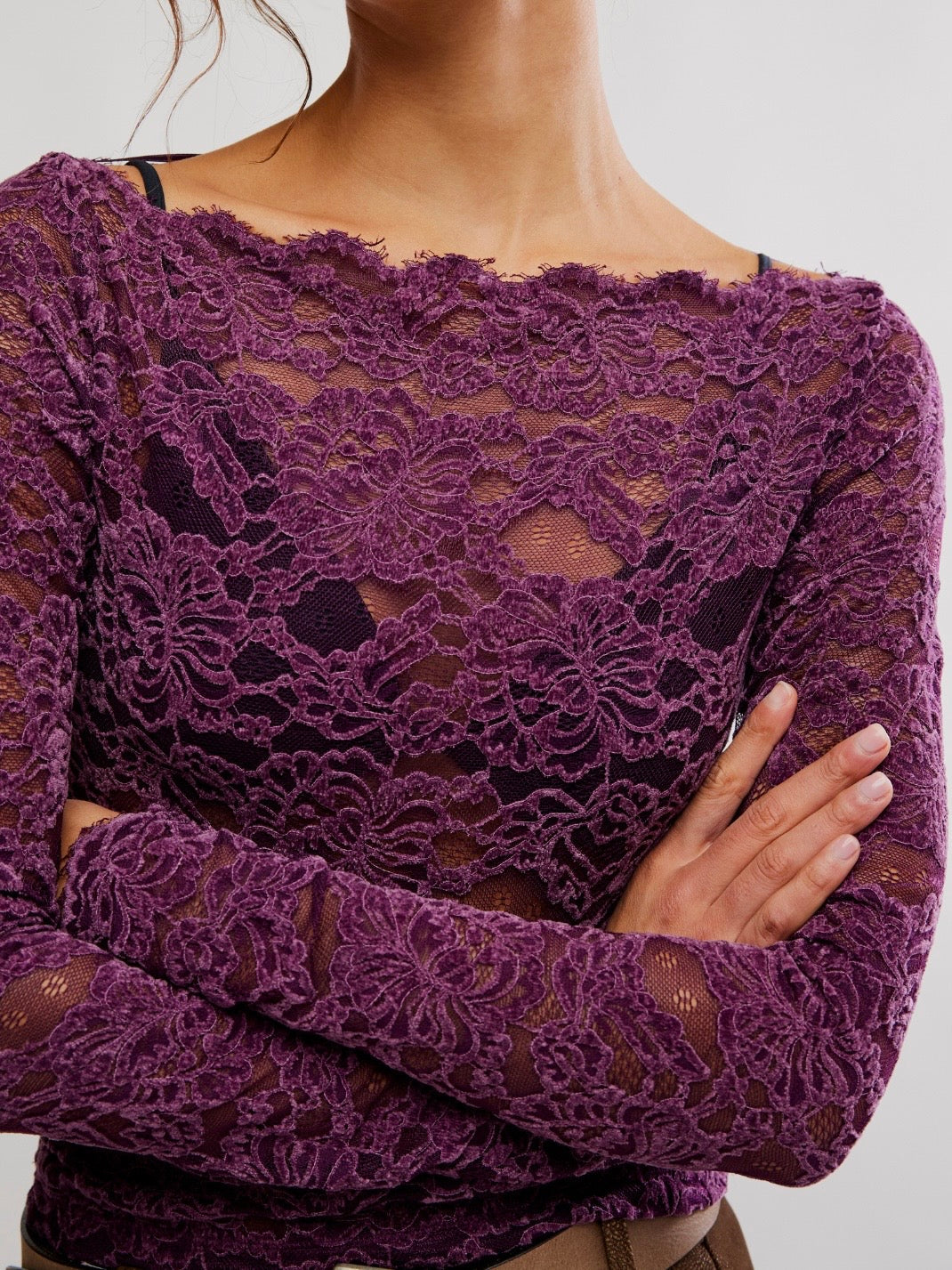 Free People Raising Eyebrows Lace Top - Italian Plum, lace and neckline detail