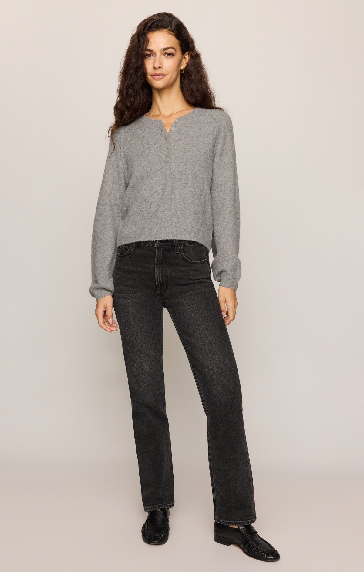 Z Supply Westmont Henley Sweater in Classic Heather Grey, full outfit view
