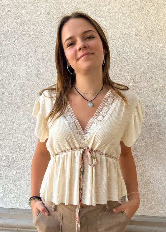 Lace Trim Floral Tie Front Short Sleeve Top Natural
