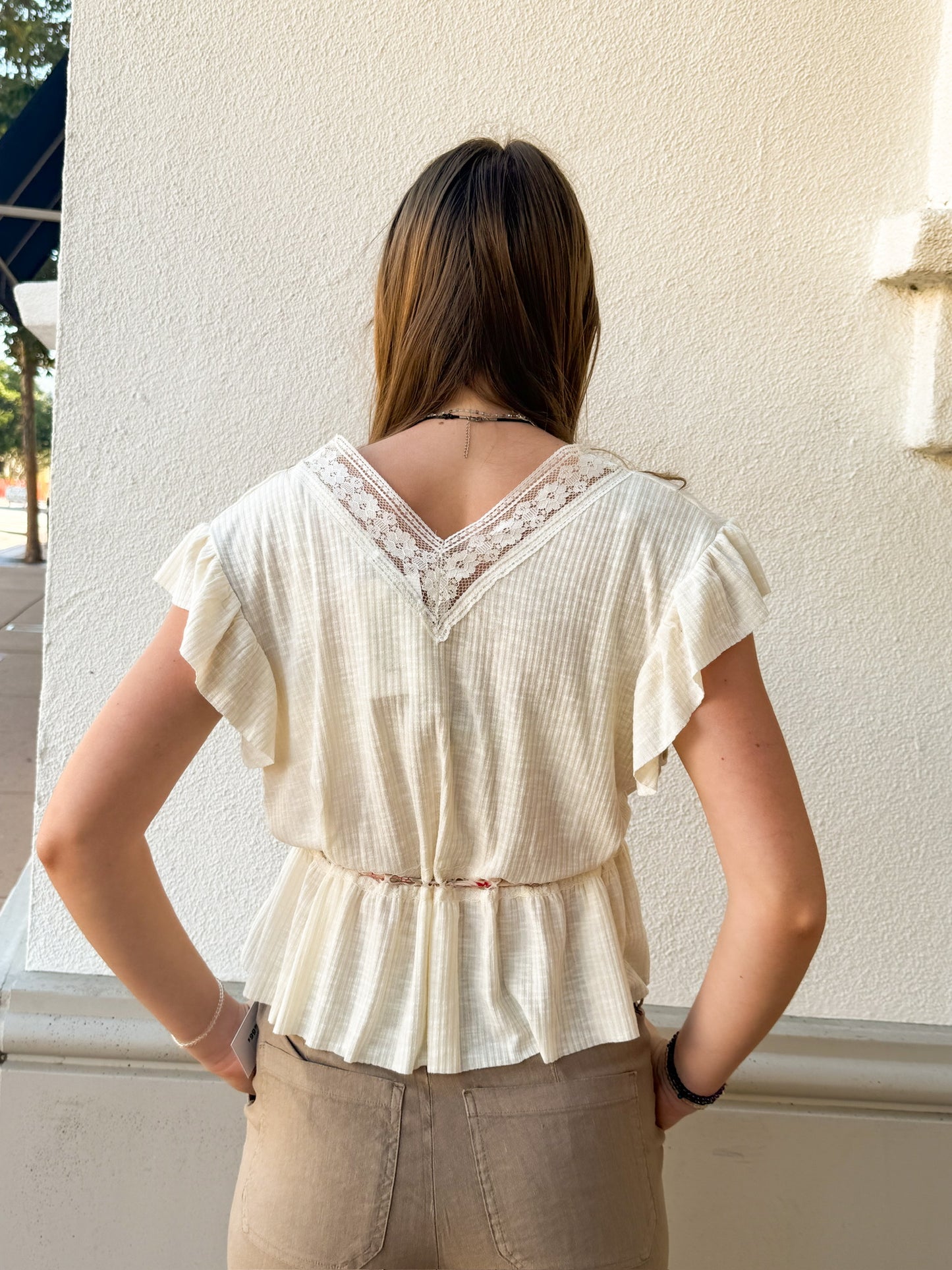 Lace Trim Floral Tie Front Short Sleeve Top Natural