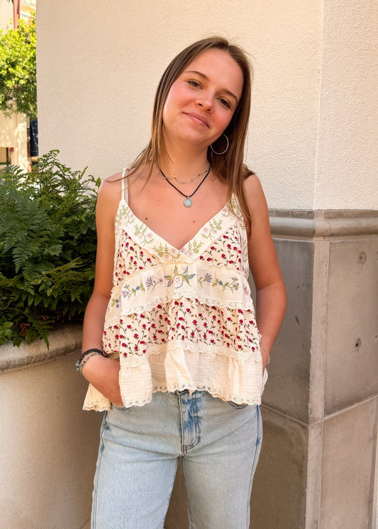 Floral Patch Embroidered Flare Cami - Natural