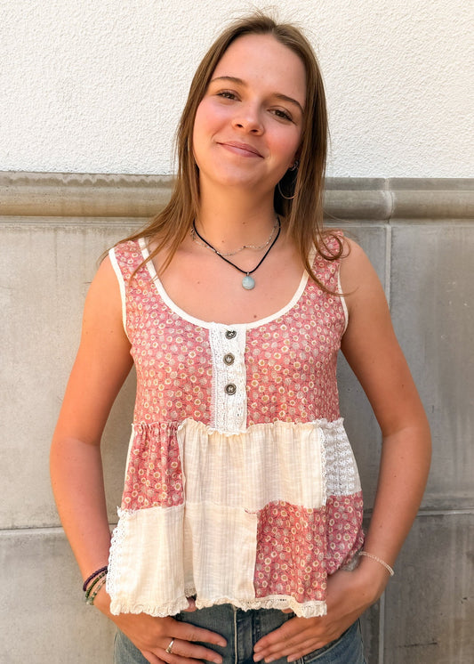 Floral Lace Contrast Sleeveless Top