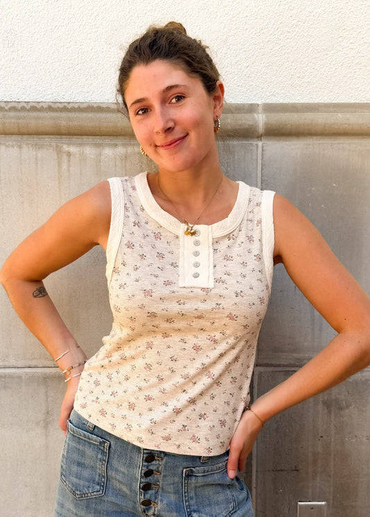 Sleeveless Floral Print Henley Cream