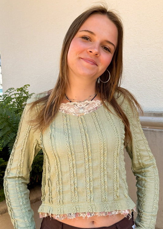 Long Sleeve Lace Trim Top-Sage