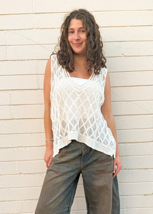 Sleeveless Diamond Weave Crochet Top-Natural