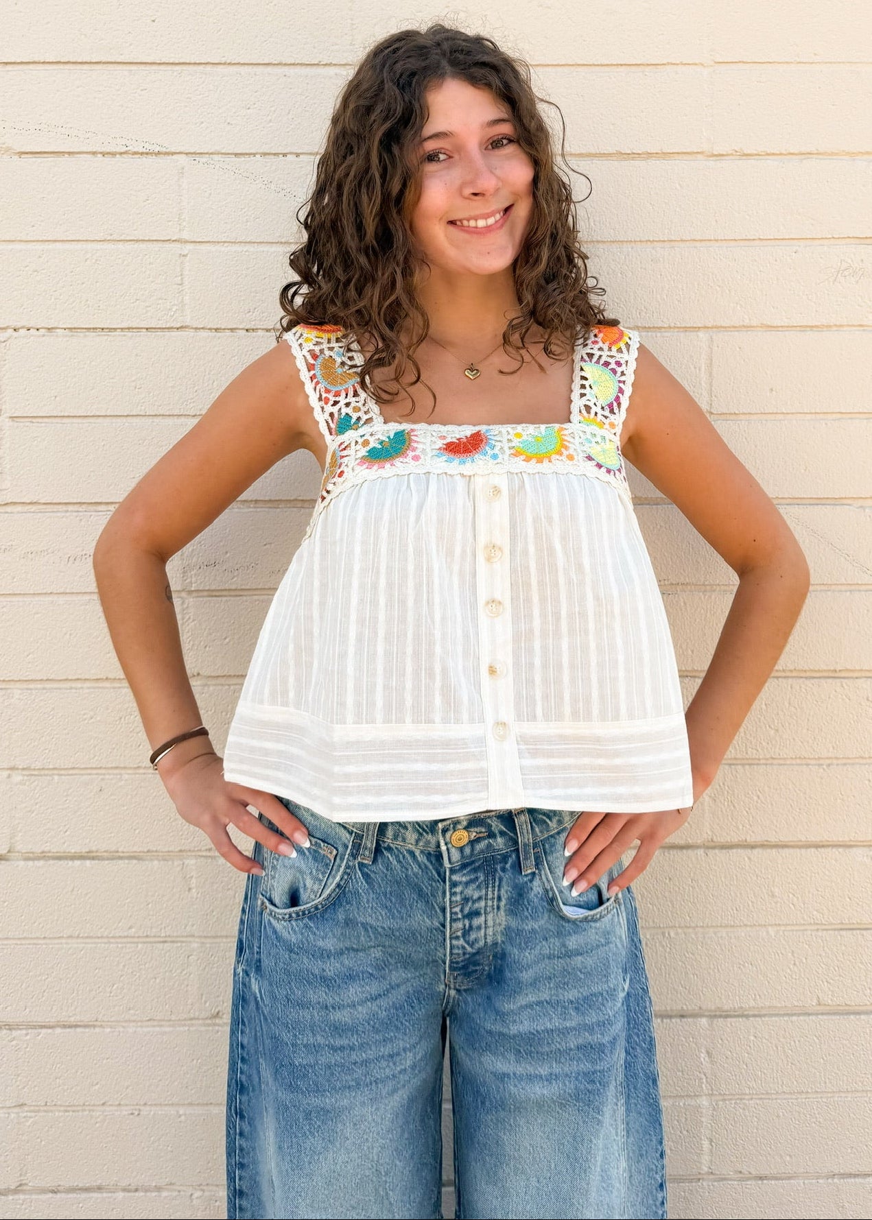 Illa Illa Crochet Trim Swing Tank-Ivory
