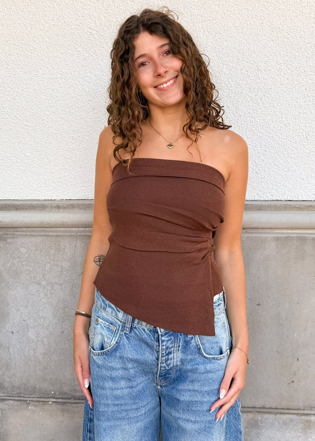 Strapless Ruched Side Top-Brown