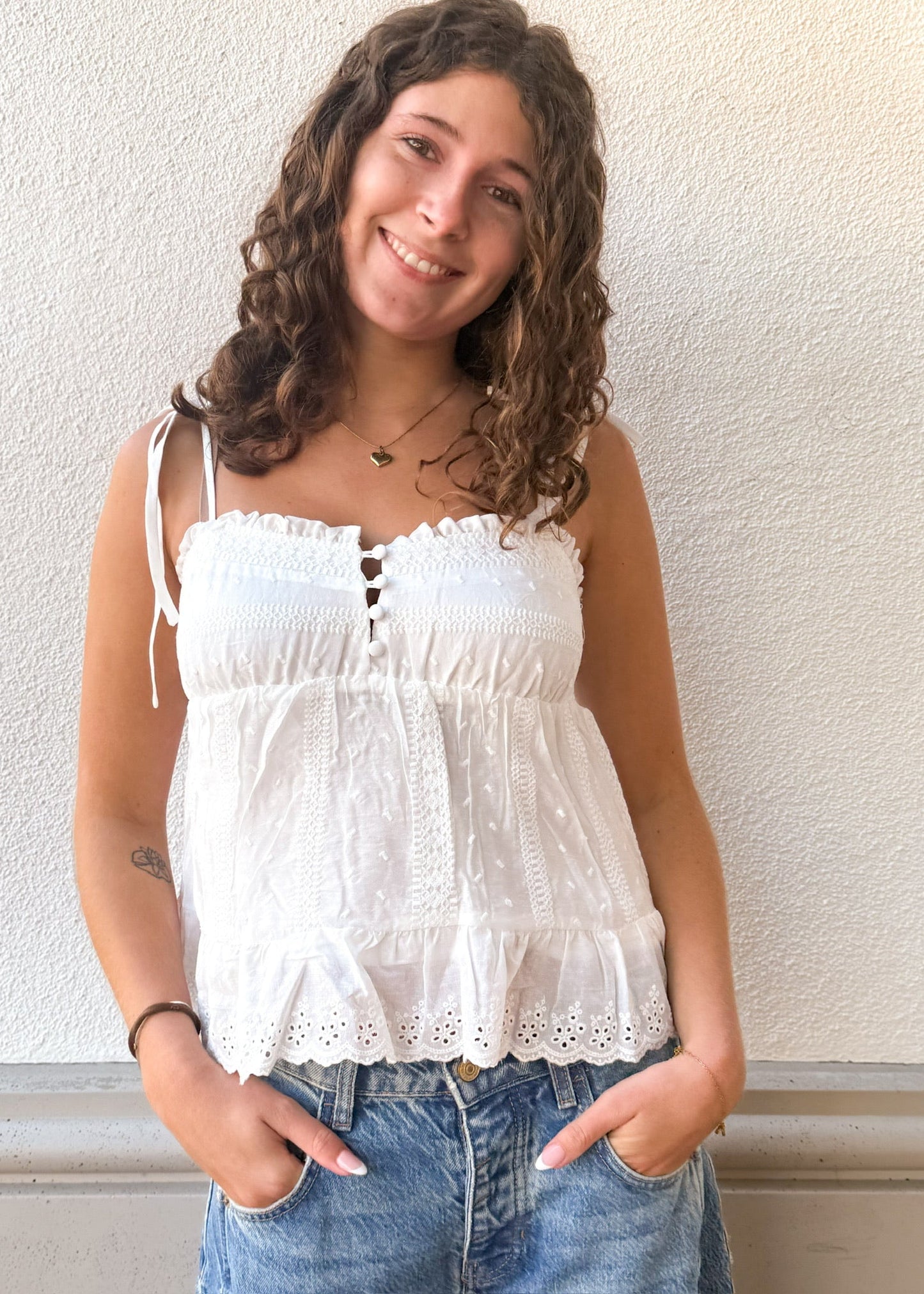 Ruffle Eyelet Cami White