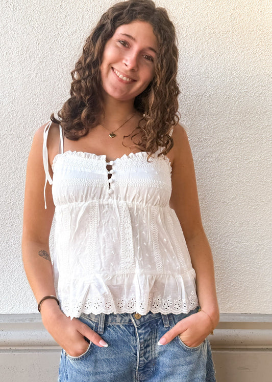 Ruffle Eyelet Cami White