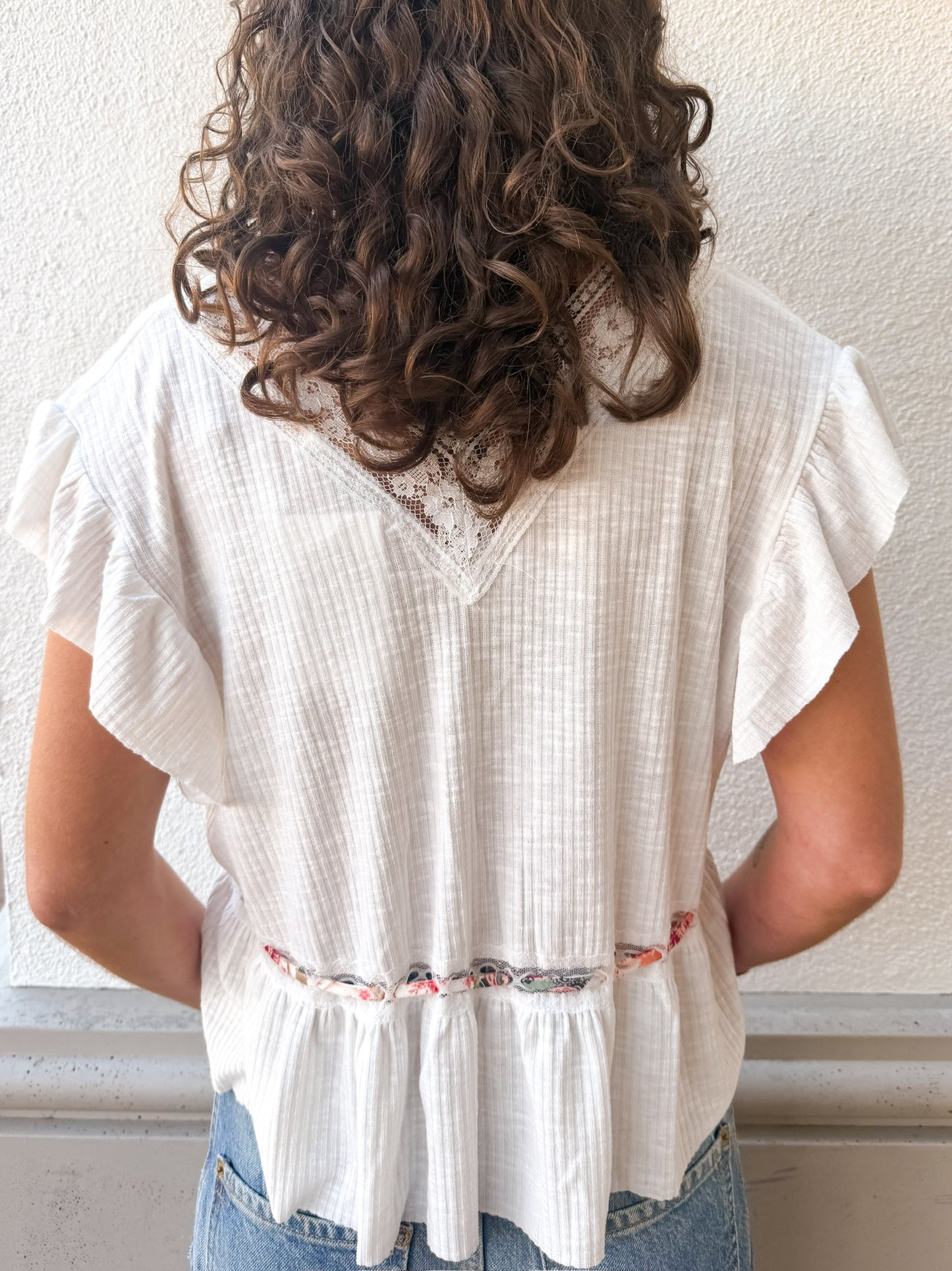 Lace Trim Tie Front Short Sleeve - White