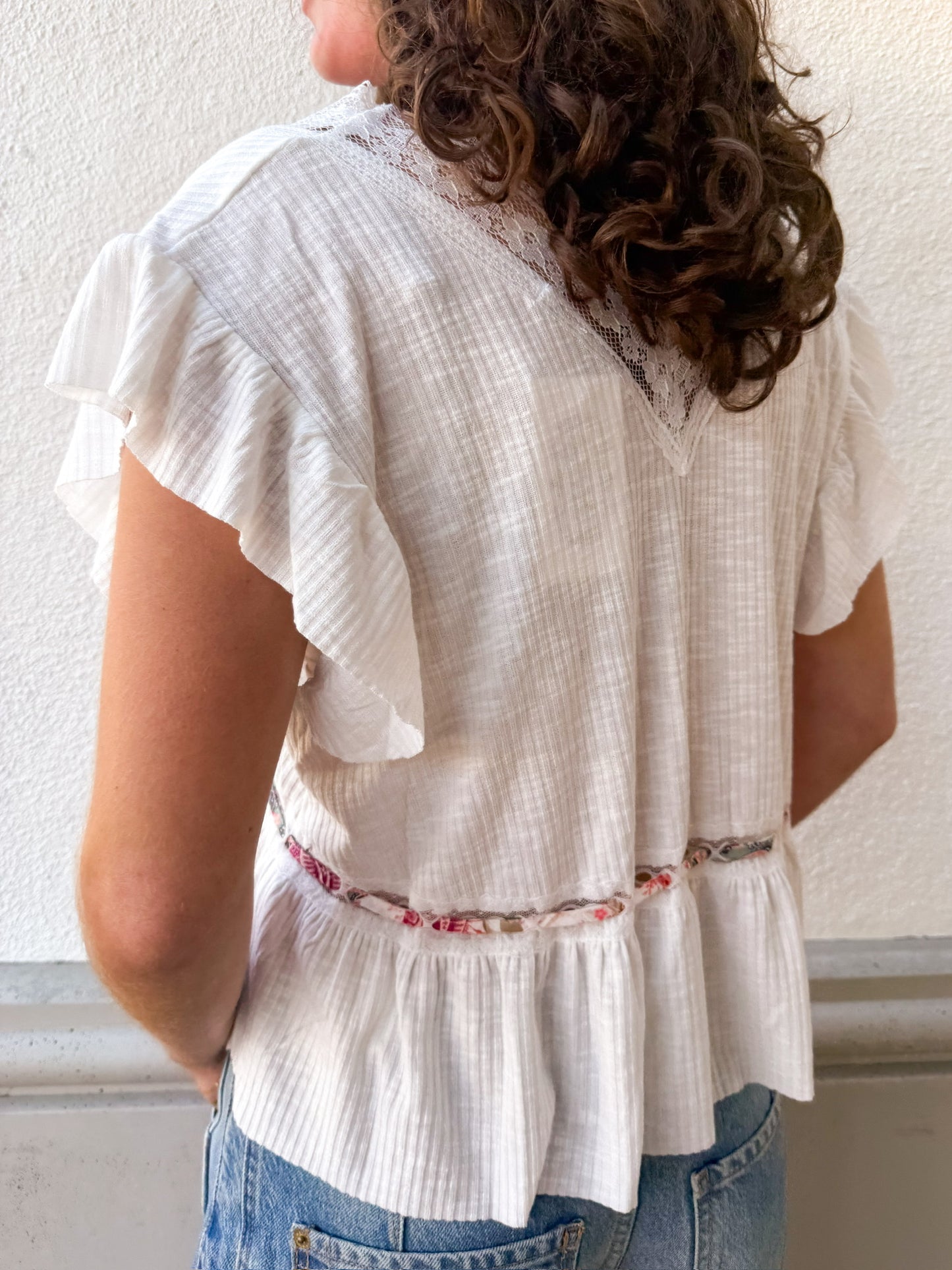 Lace Trim Tie Front Short Sleeve - White