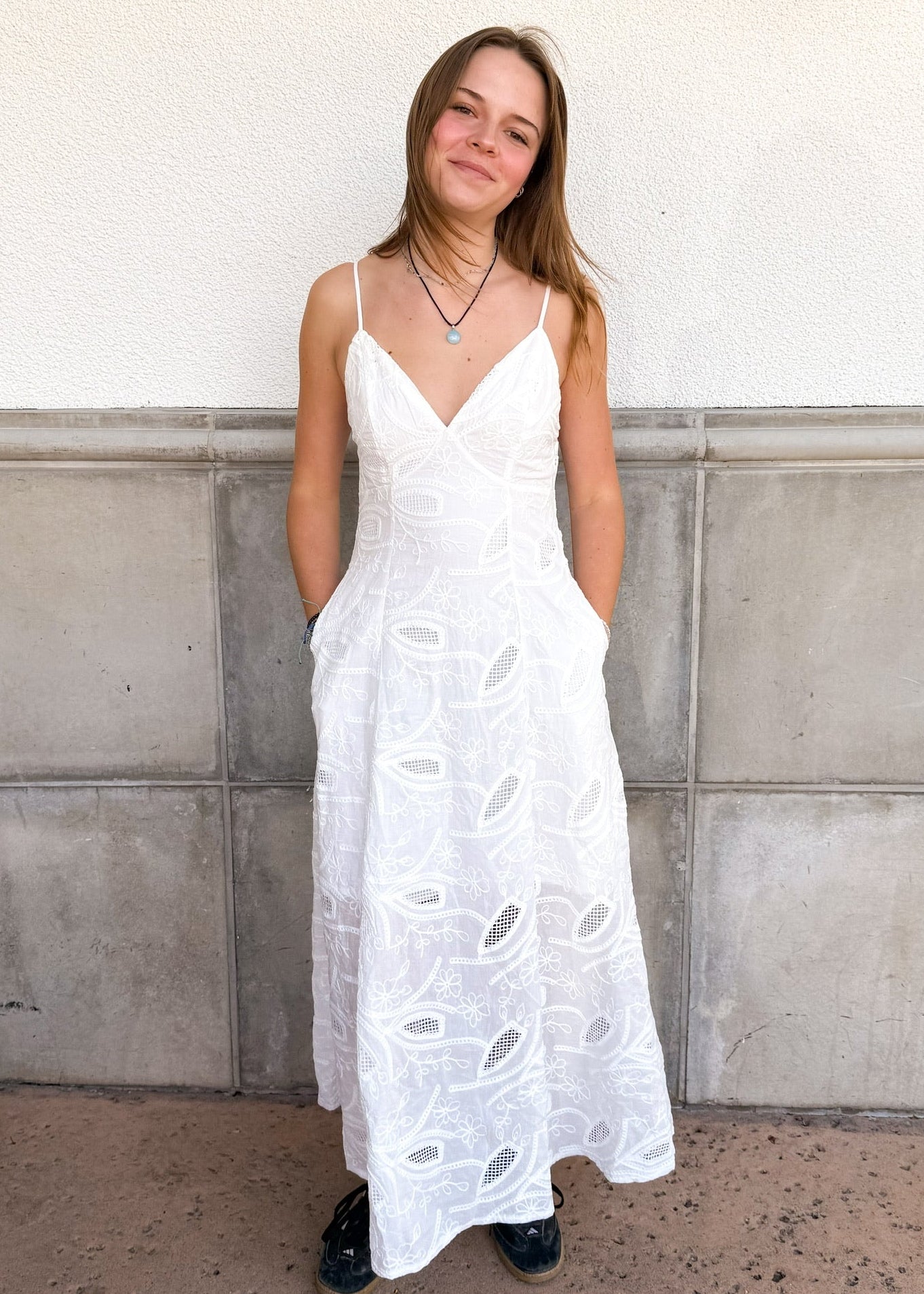 Illa Illa Embroidered Tie Back Maxi Dress-White