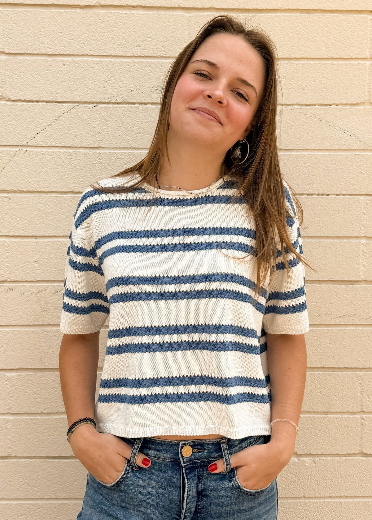 Z Supply Prado Stripe S/S Sweater-Lake Blue