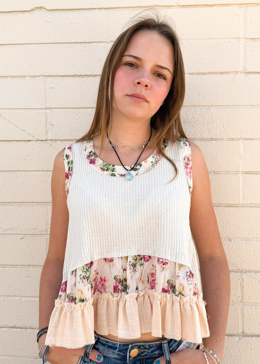 Floral Patch Ruffle Tank-Almond