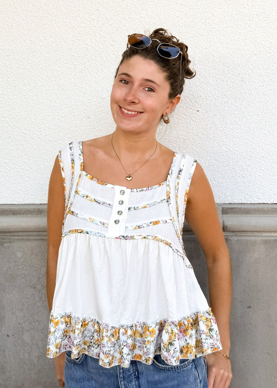 Floral Trim Tank-White