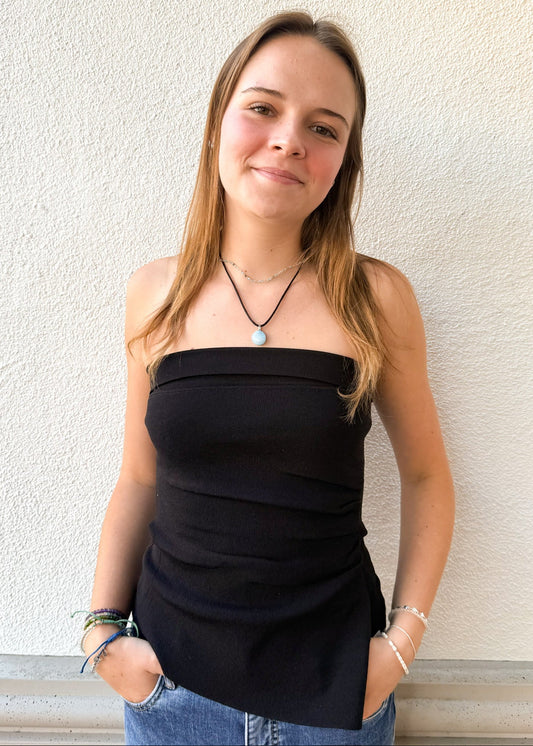 Strapless Ruched Side Top-Black