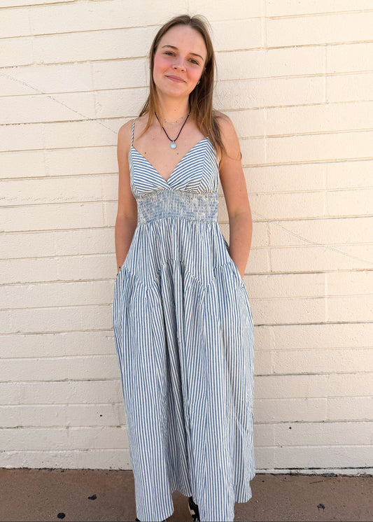 Striped Cami Midi Dress-Blue