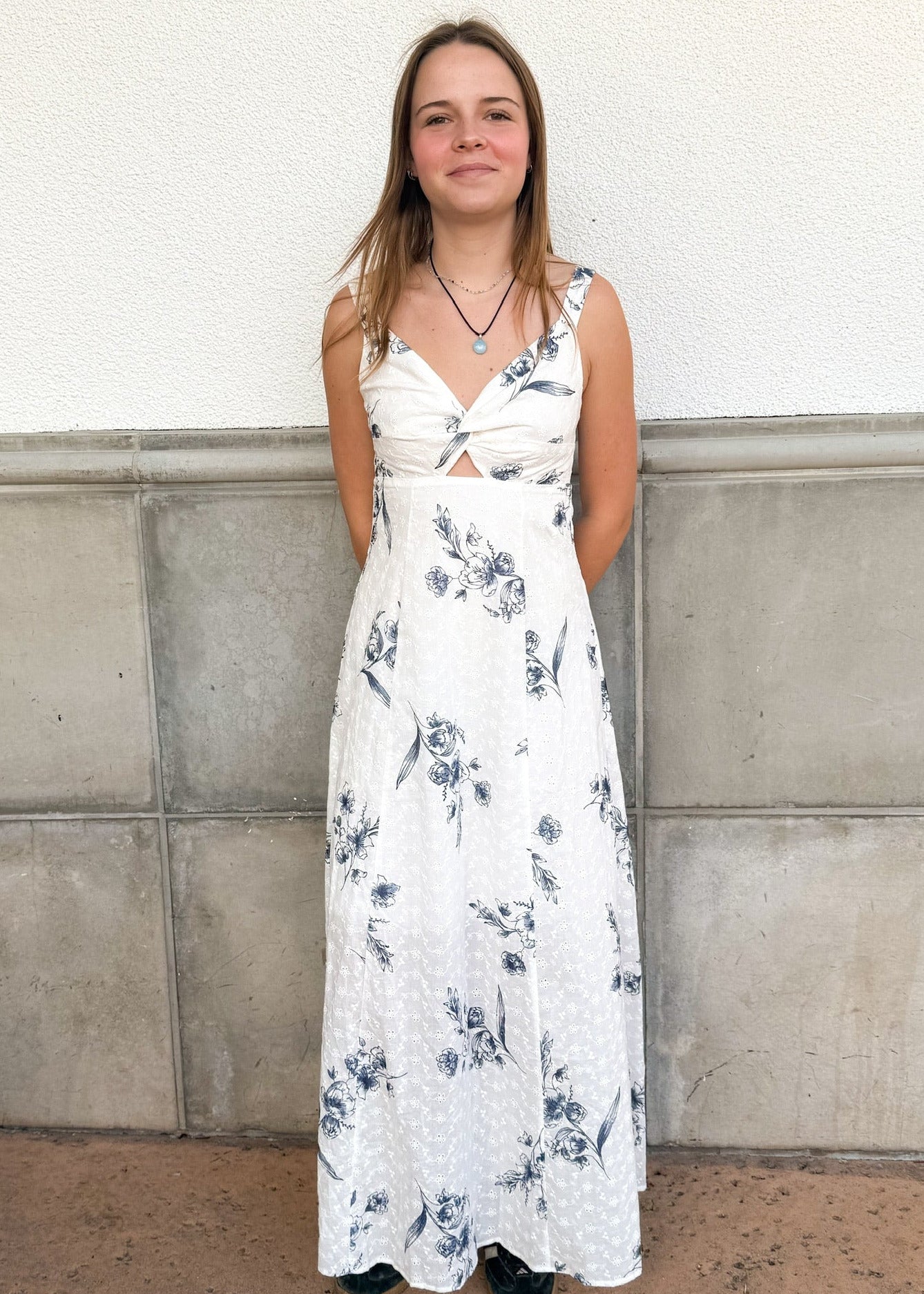 Blue & White Floral Print Eyelet Maxi Dress