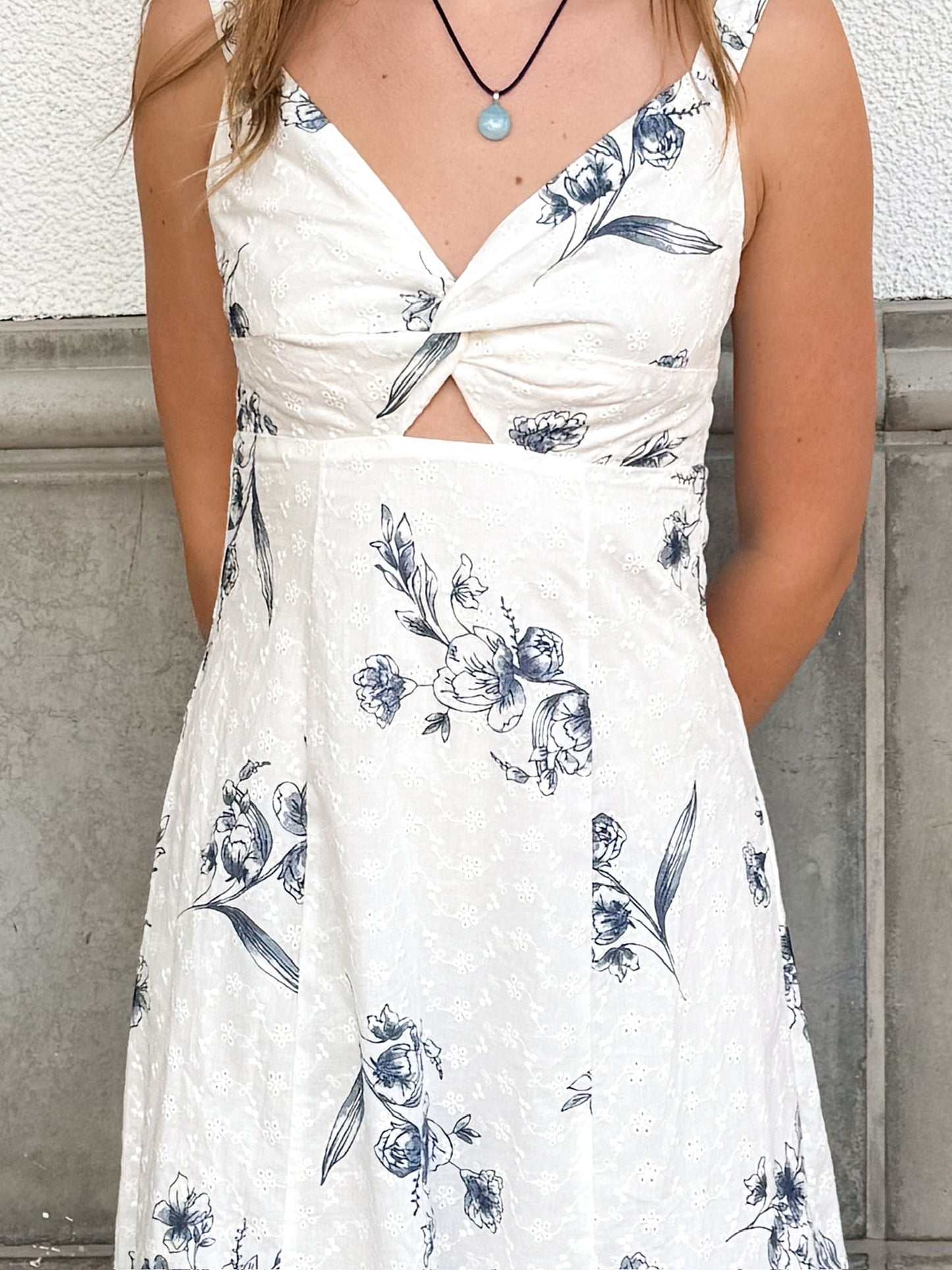 Blue & White Floral Print Eyelet Maxi Dress