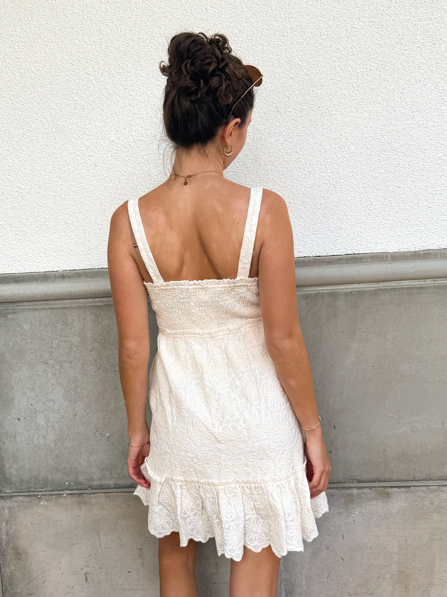 Embroidered Scallop Hem Dress-Cream