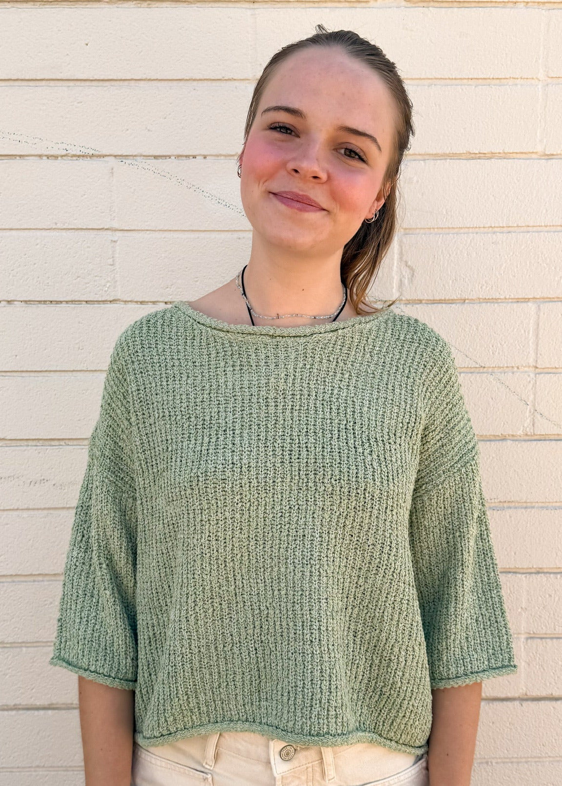 3/4 Sleeve Crew Neck Sweater - Sage