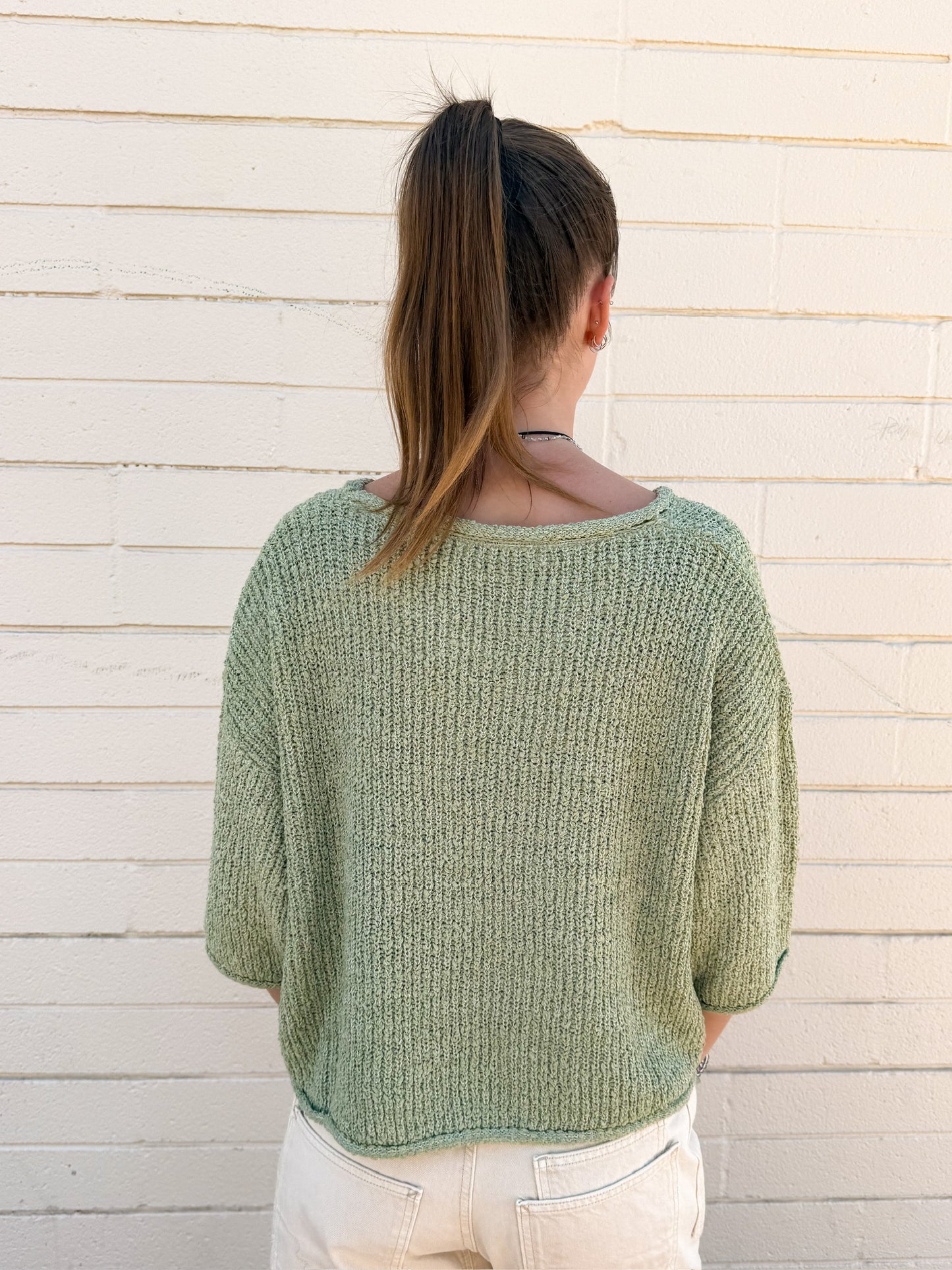 3/4 Sleeve Crew Neck Sweater - Sage