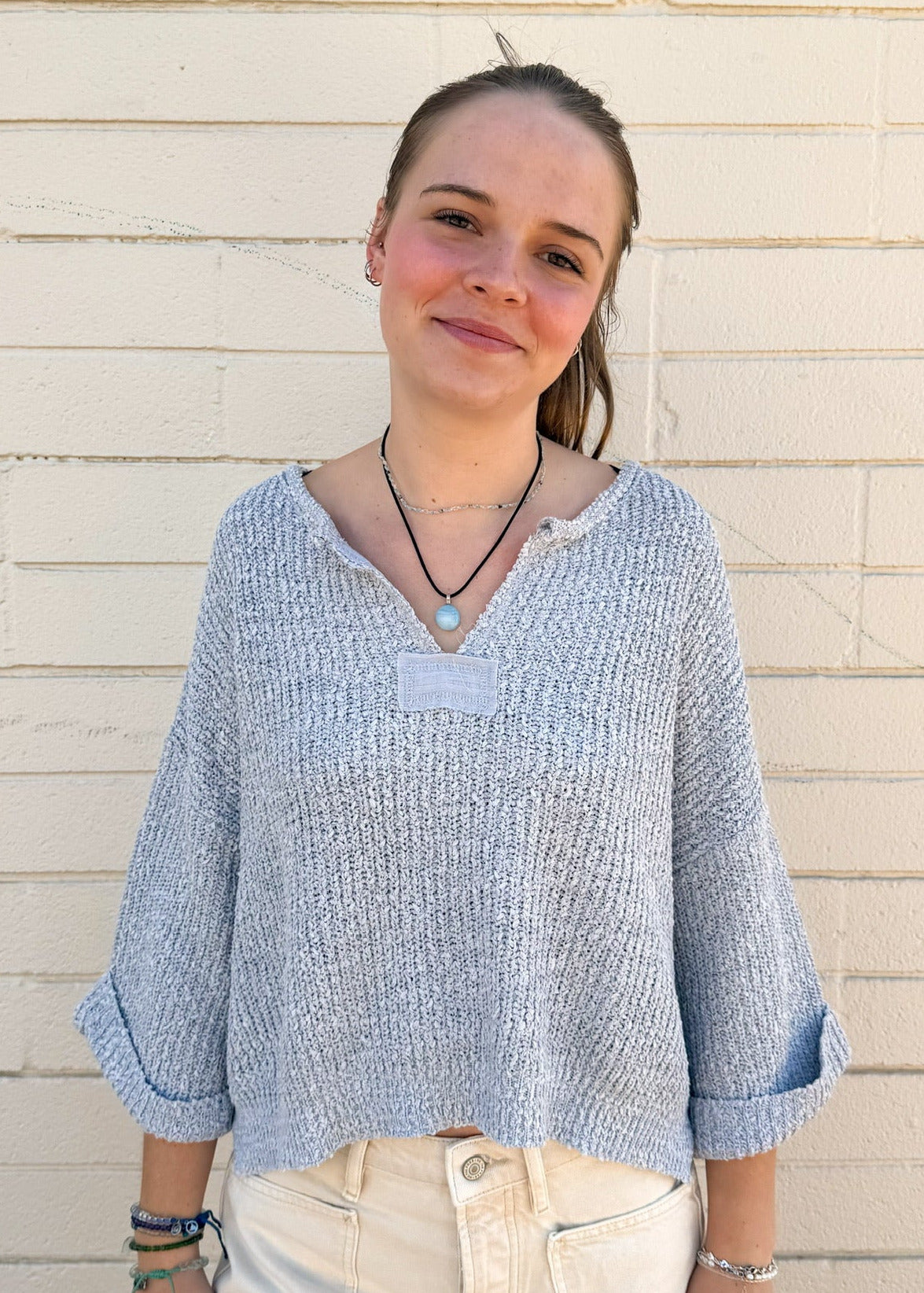 Notch Neck Roll Sleeve Sweater - Dusty Blue