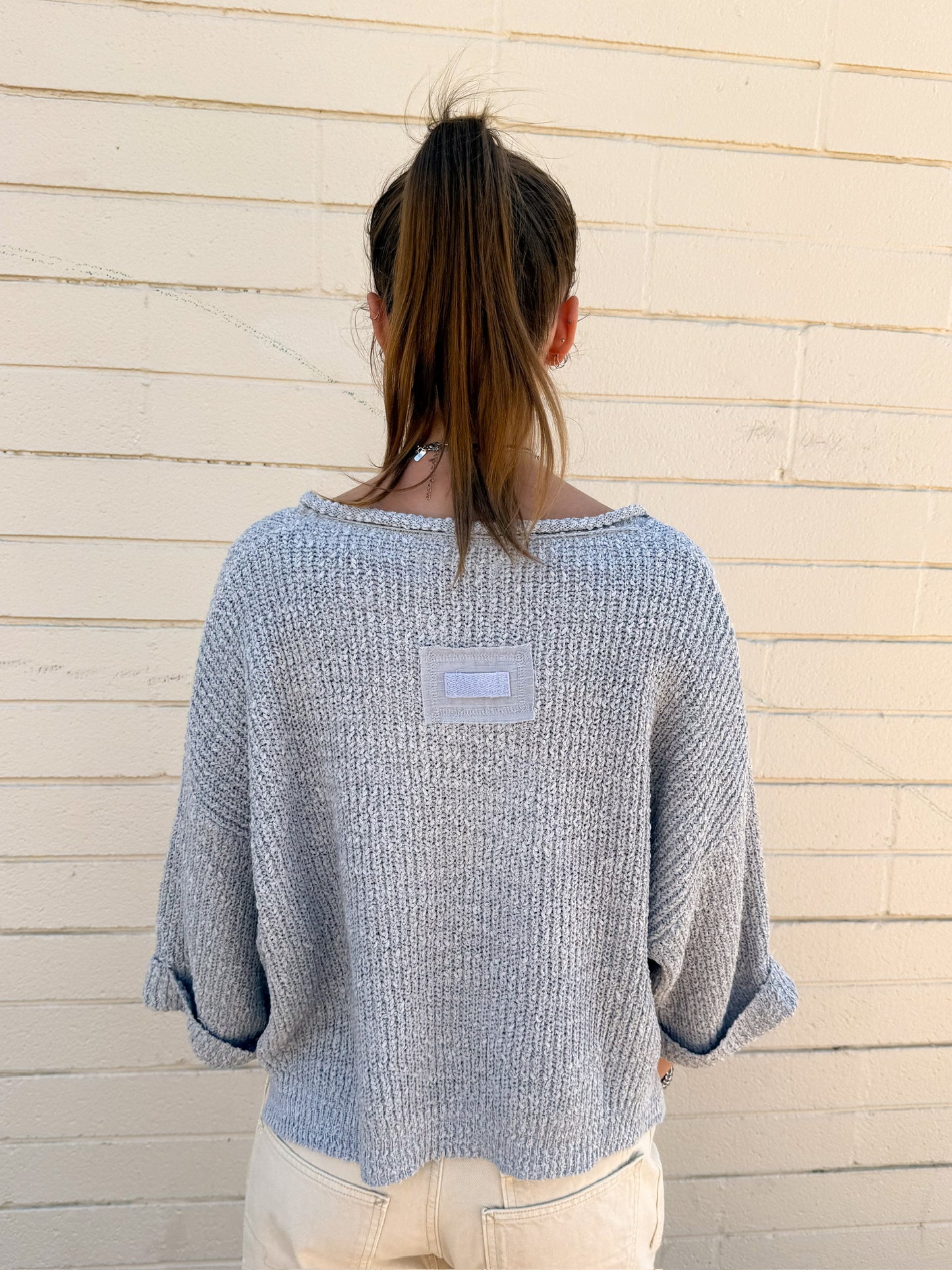 Notch Neck Roll Sleeve Sweater - Dusty Blue