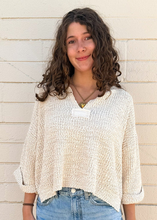 Notch Neck Roll Sleeve Sweater - Oatmeal