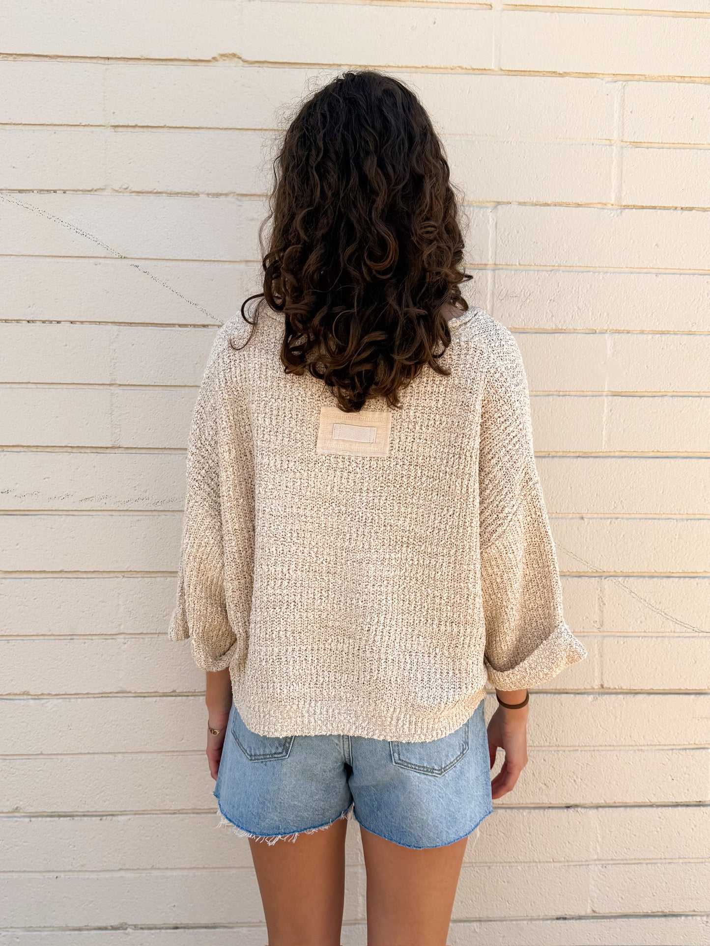 Notch Neck Roll Sleeve Sweater - Oatmeal