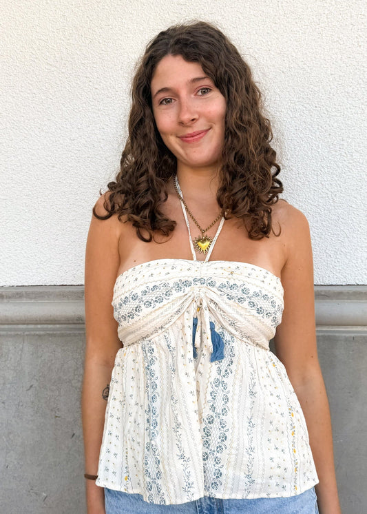 Ivory/Blue Floral Sleeveless Top with Halter Straps