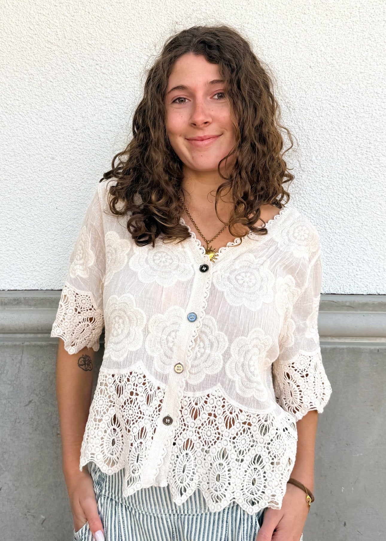 Crochet Button Front Short Sleeve - Natural