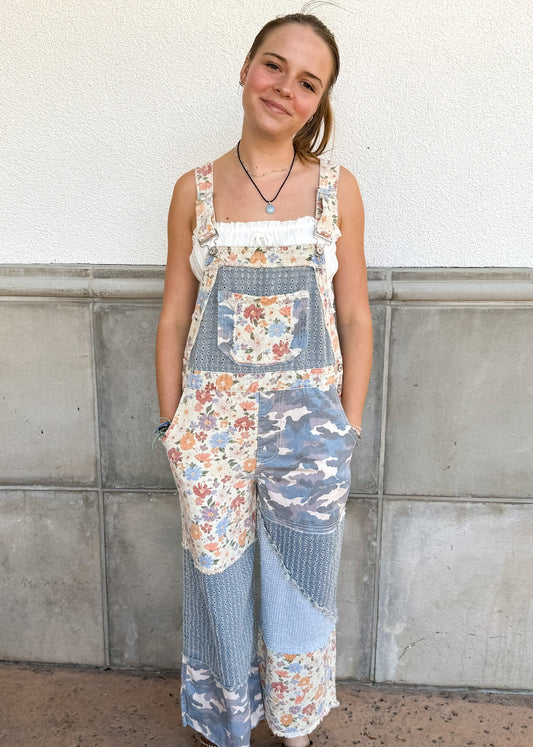 Floral Patchwork Overalls - Denim