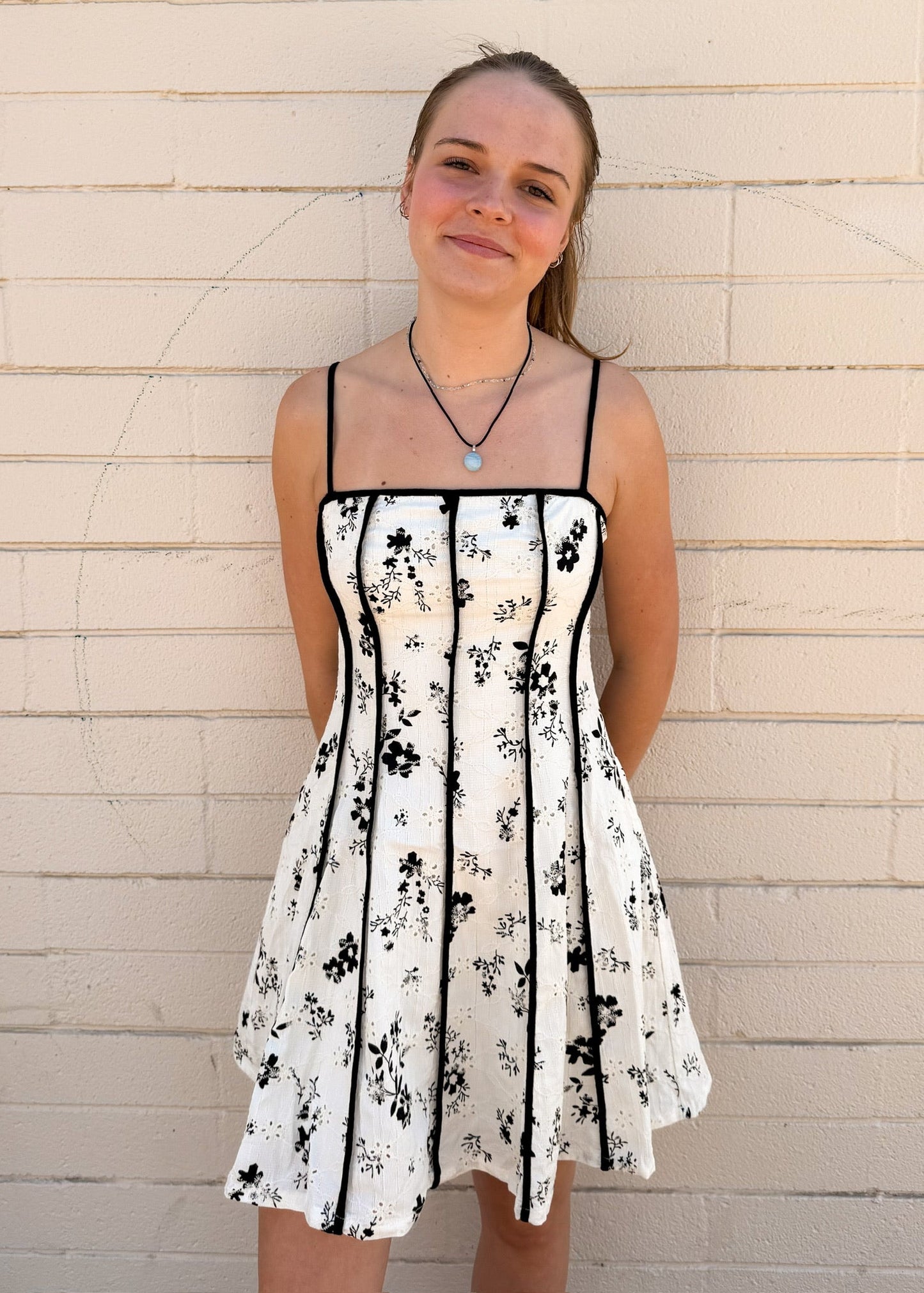 Ivory Floral Cami Dress w Black Smocking