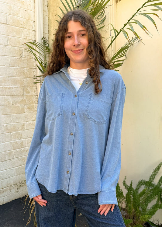 Z Supply Reese Jersey Denim Button Up - ZT261957 - Santorini Indigo