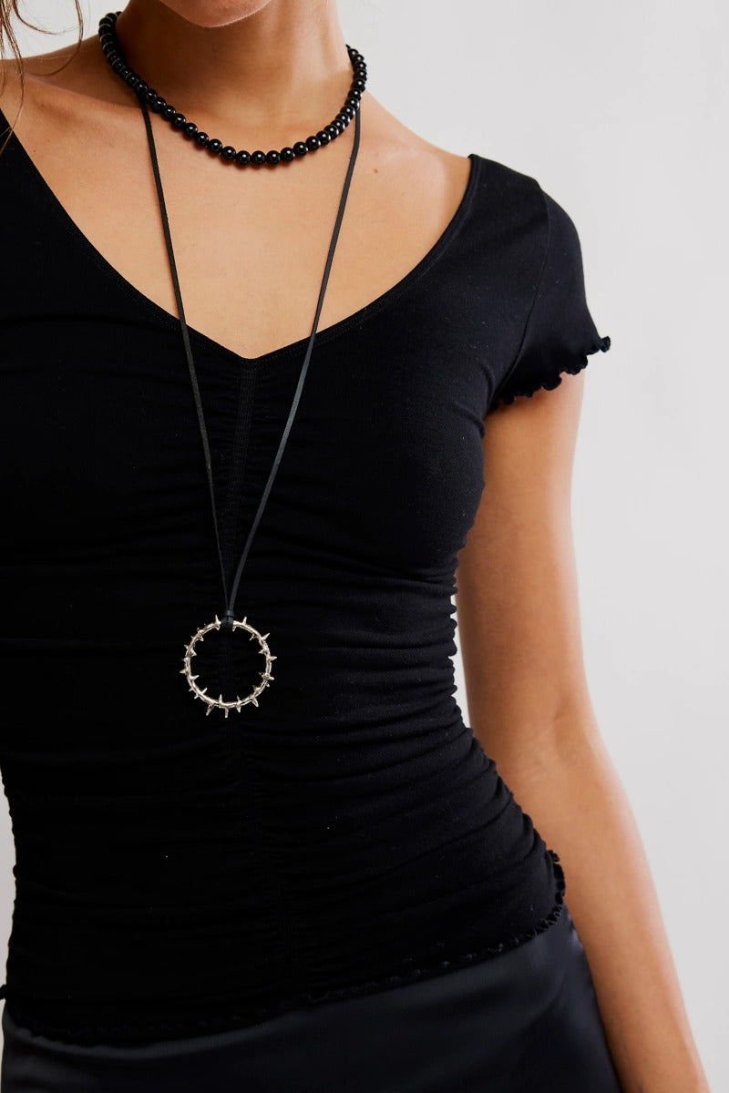 Free People Little Extra Tee - Black, ruching and neckline detail