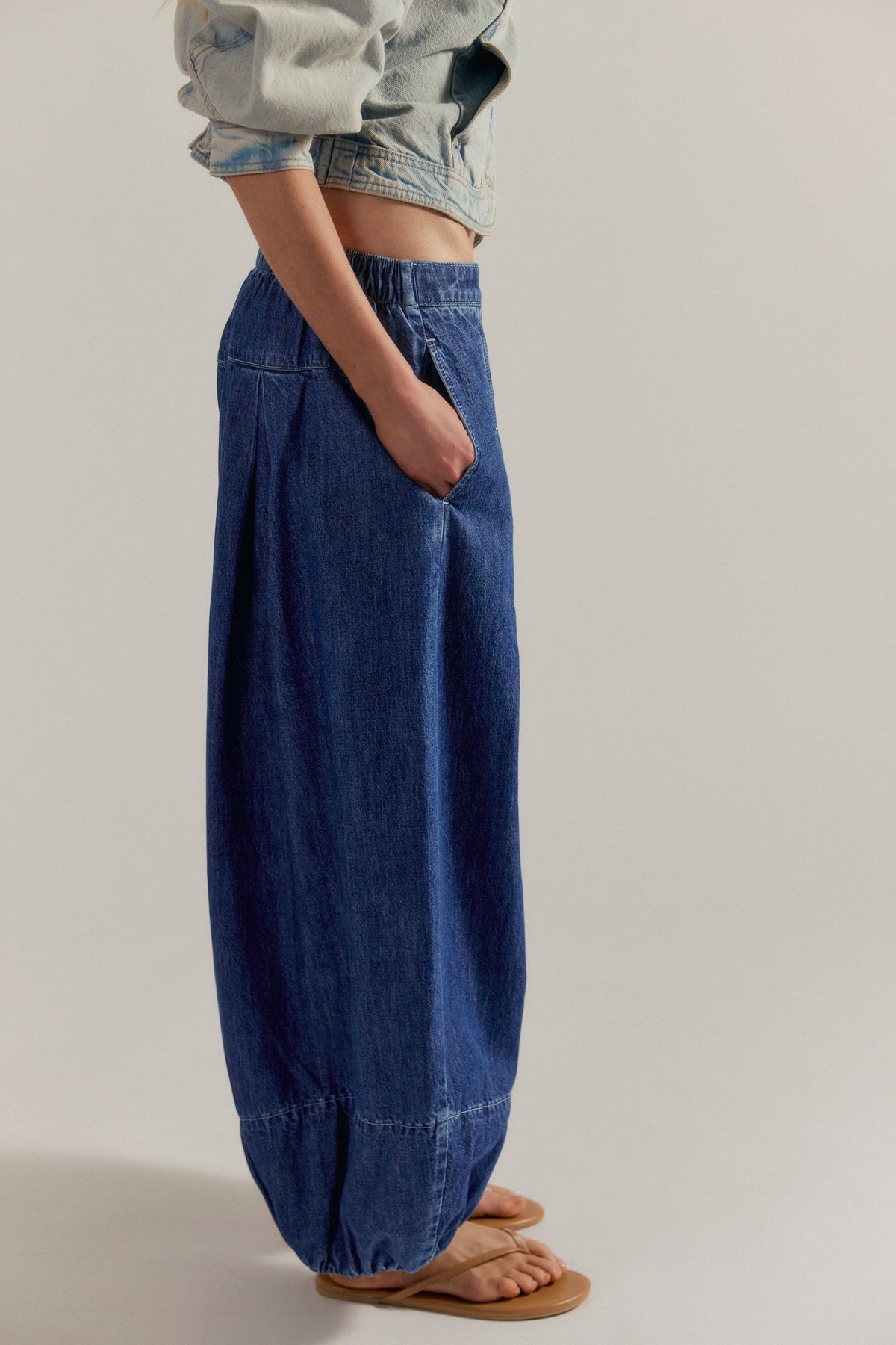 Free People Moonflower Pull-On Balloon Jeans - Blue Dusk, side and pocket detail