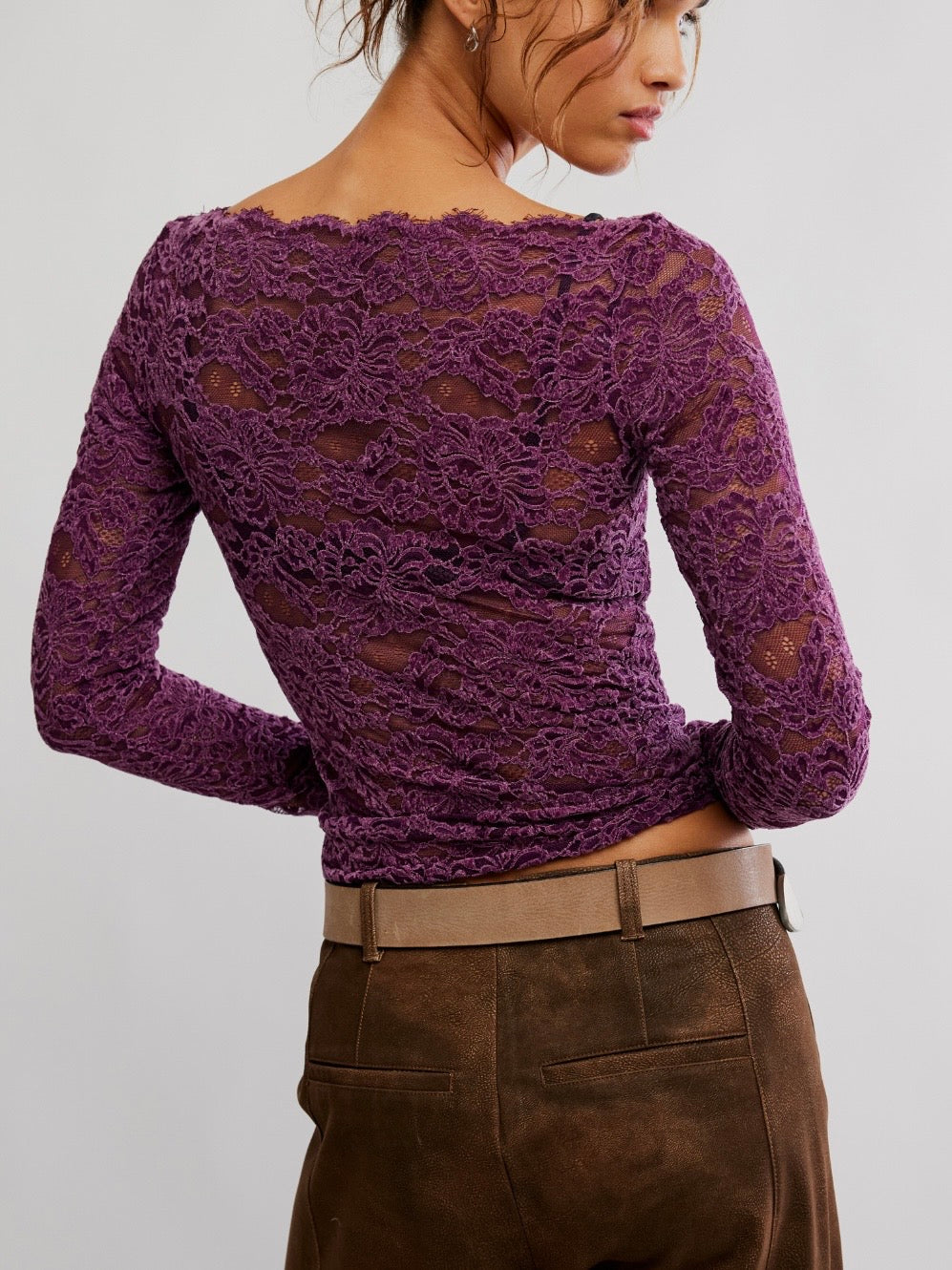 Free People Raising Eyebrows Lace Top - Italian Plum, back view