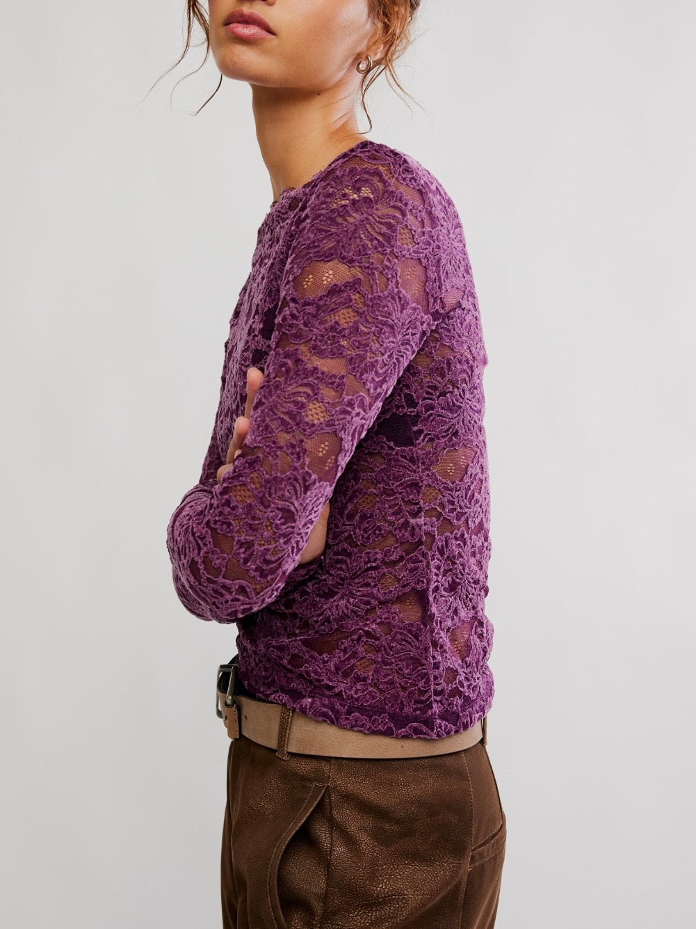 Free People Raising Eyebrows Lace Top - Italian Plum, side view