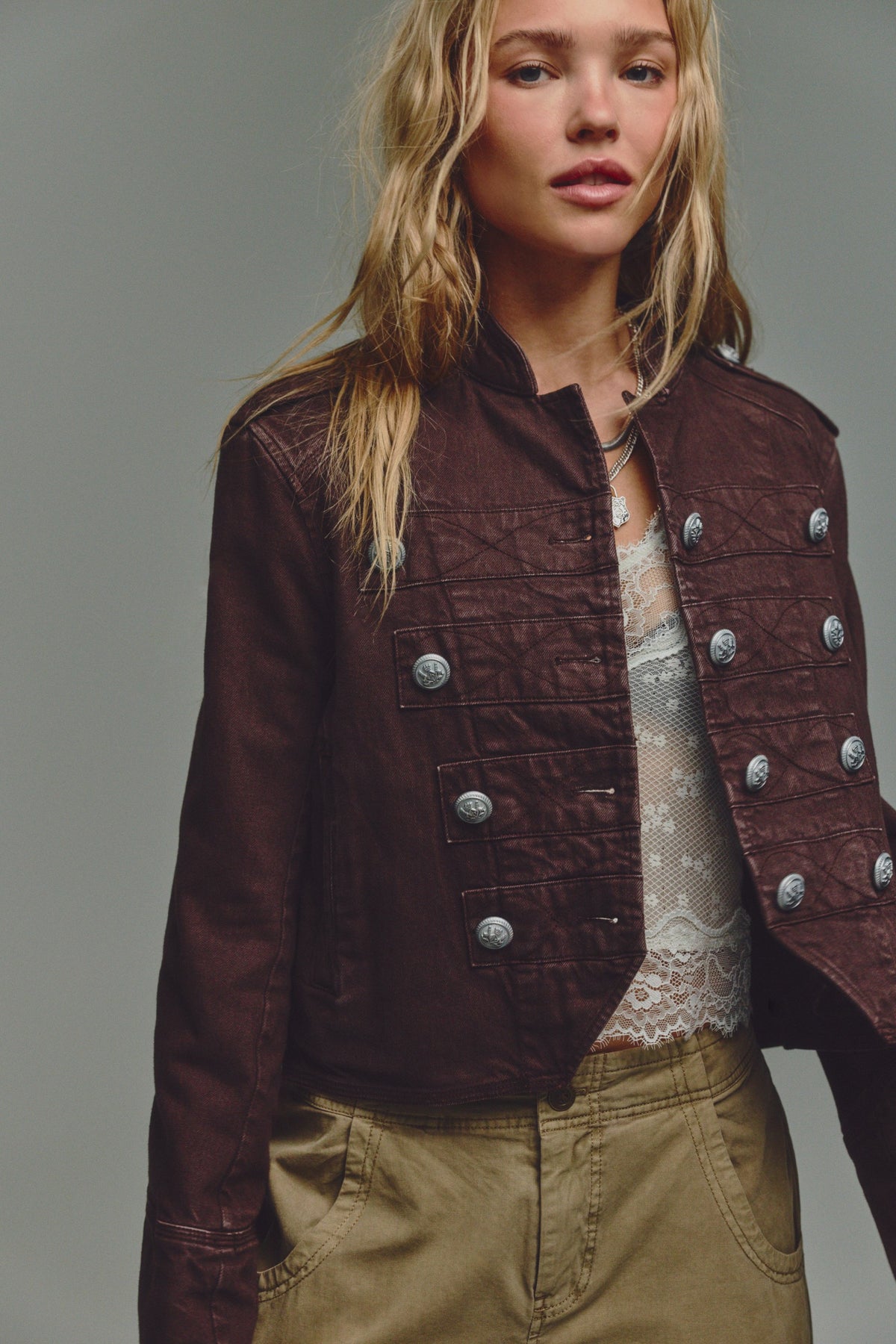 Free People Ryland Band Jacket - Double Espresso, button and collar detail