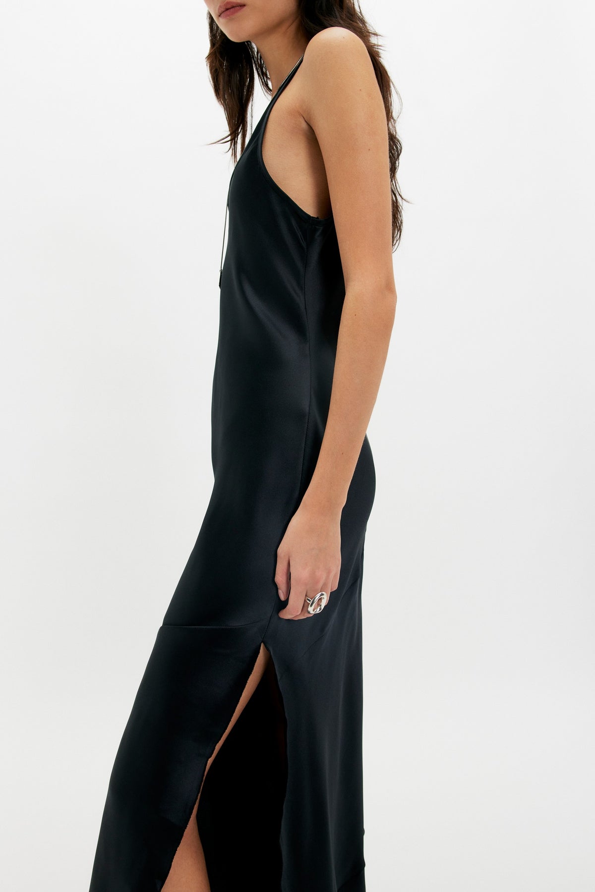 Free People Simply the Best Maxi Slip Dress - Black, side slit detail