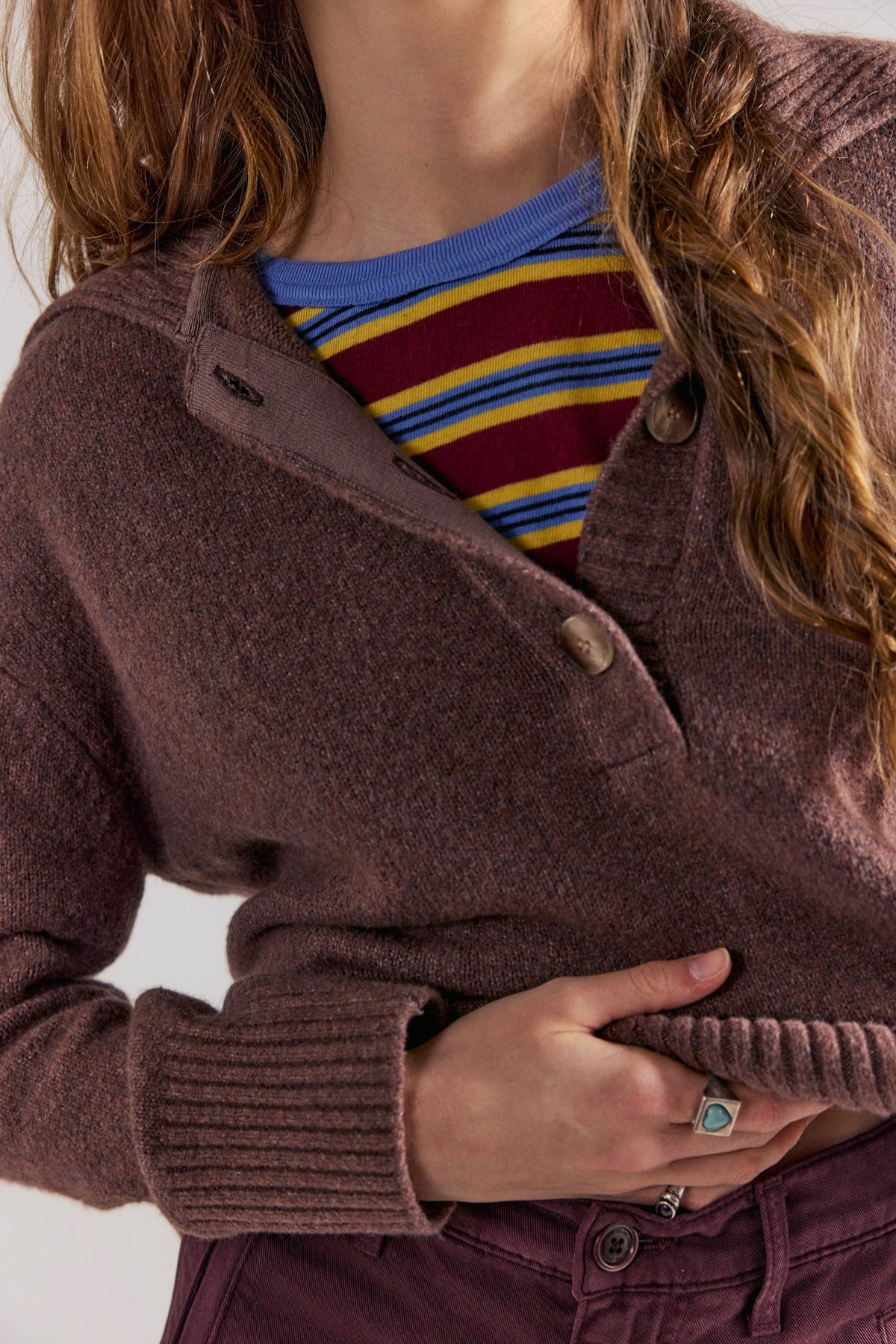 Free People Trading Up Polo - Enchanted Oak Melange, collar and knit detail