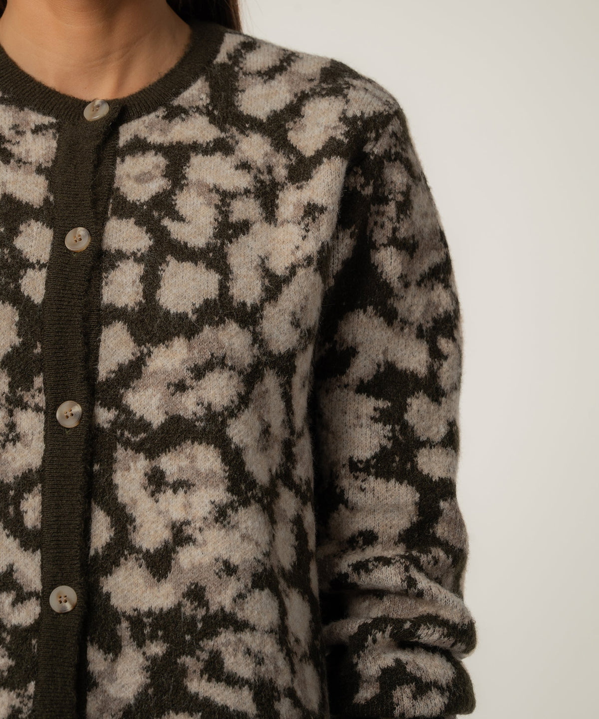 KUT from the Kloth Sadie Animal Print Cardigan in Brown, detail view
