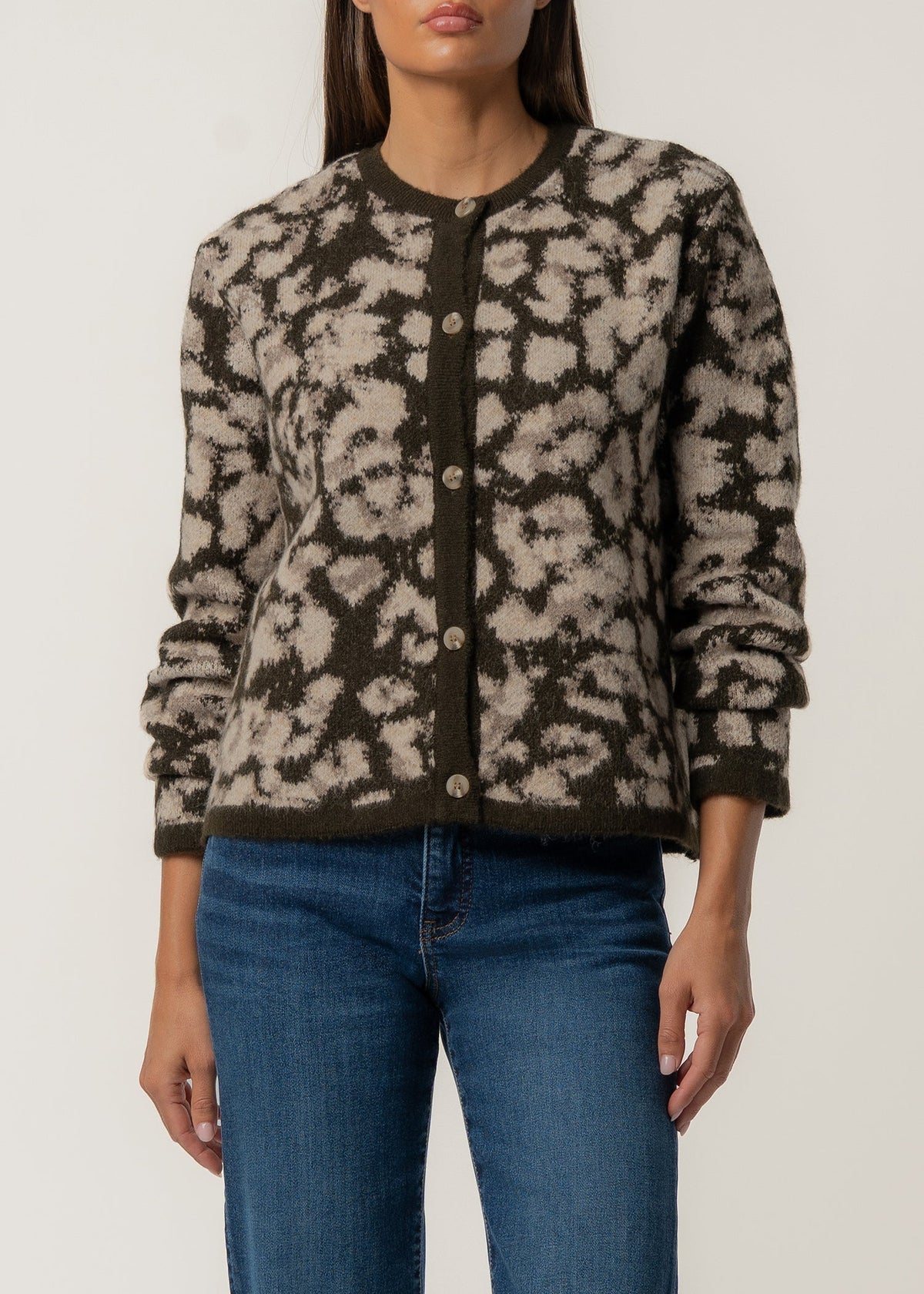 KUT from the Kloth Sadie Animal Print Cardigan in Brown, front view