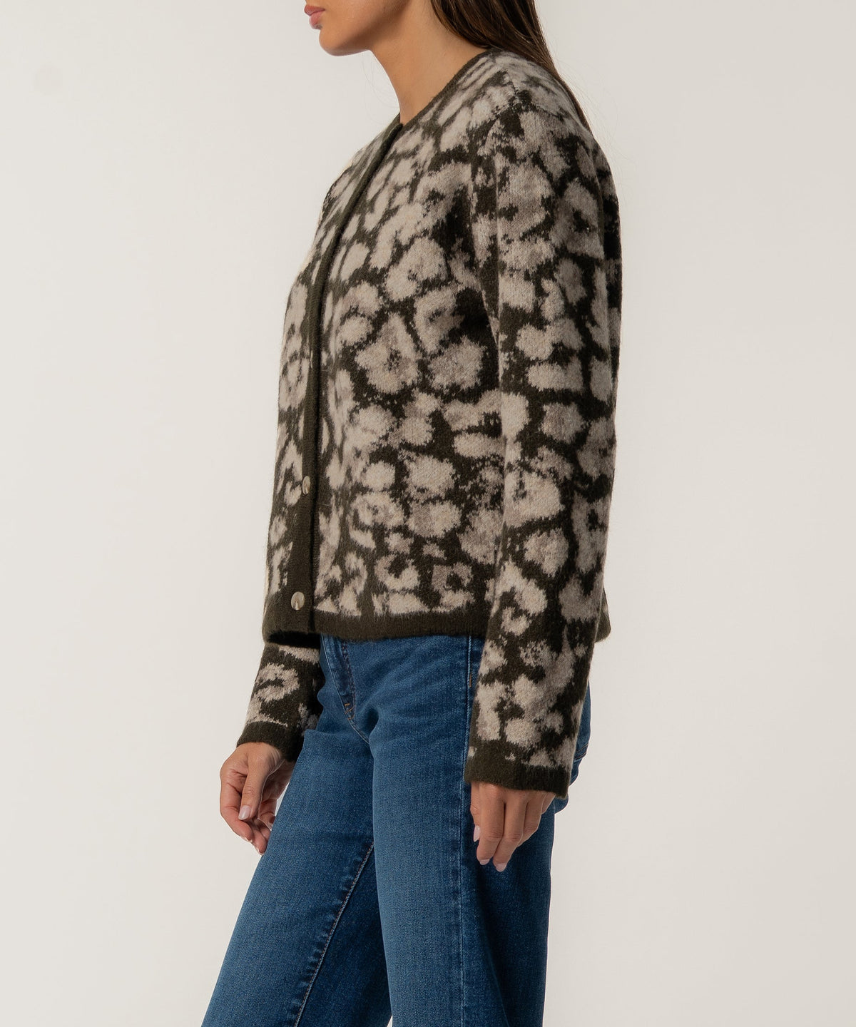 KUT from the Kloth Sadie Animal Print Cardigan in Brown, side view